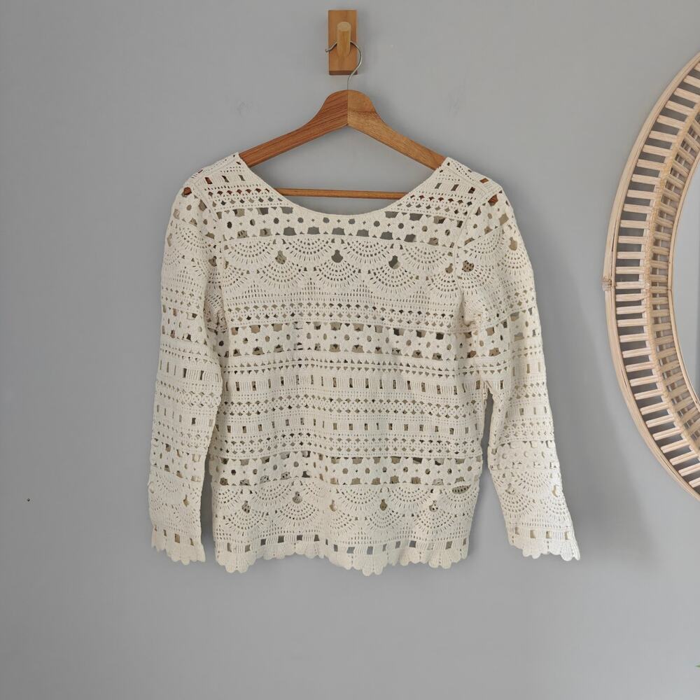 Sezane Dora Jumper Ecru Crochet Open Knit Lace Cotton Sweater XS RARE EUC